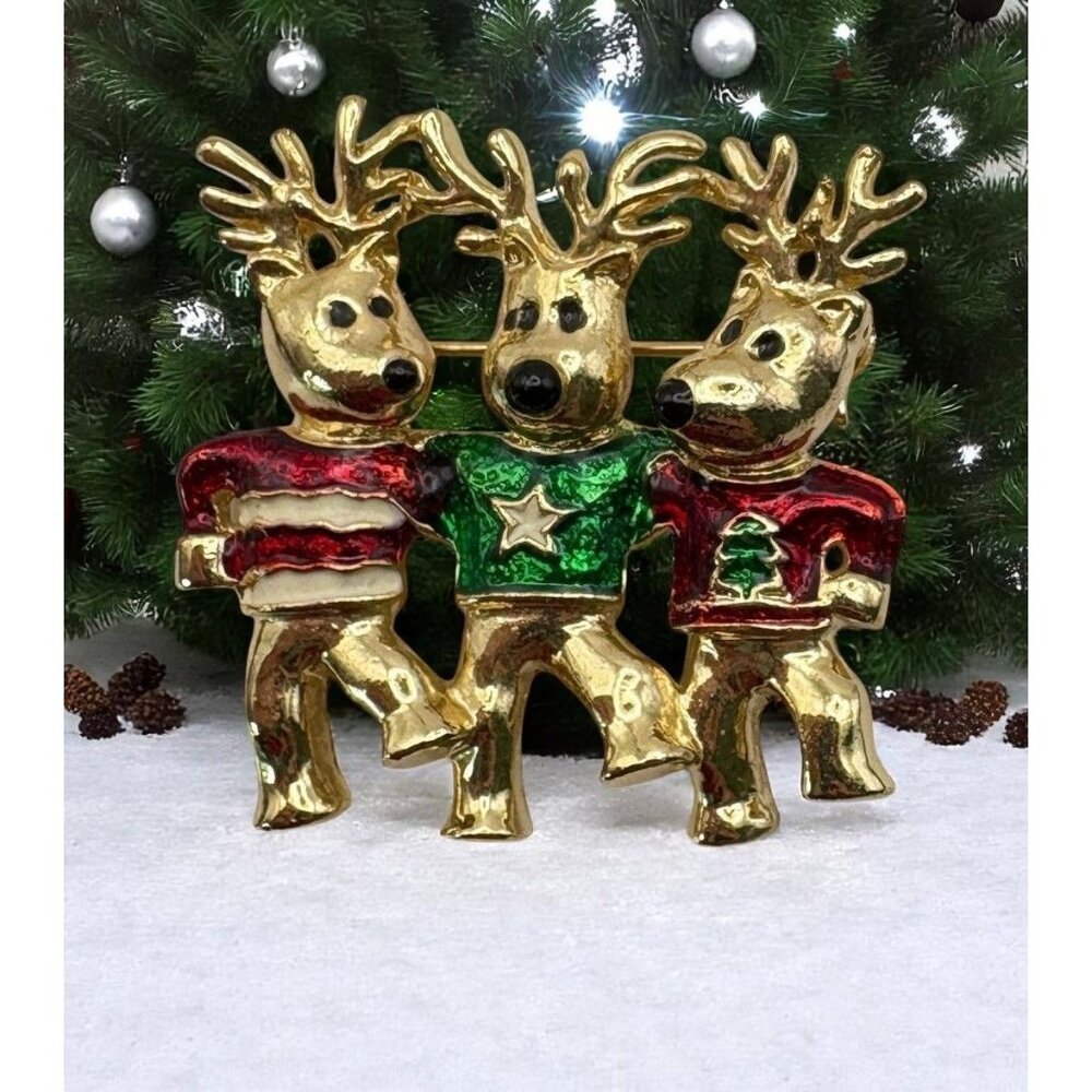 Dancing Reindeer Trio Christmas Brooch Gold Tone Pin Red Green Enamel Sweaters